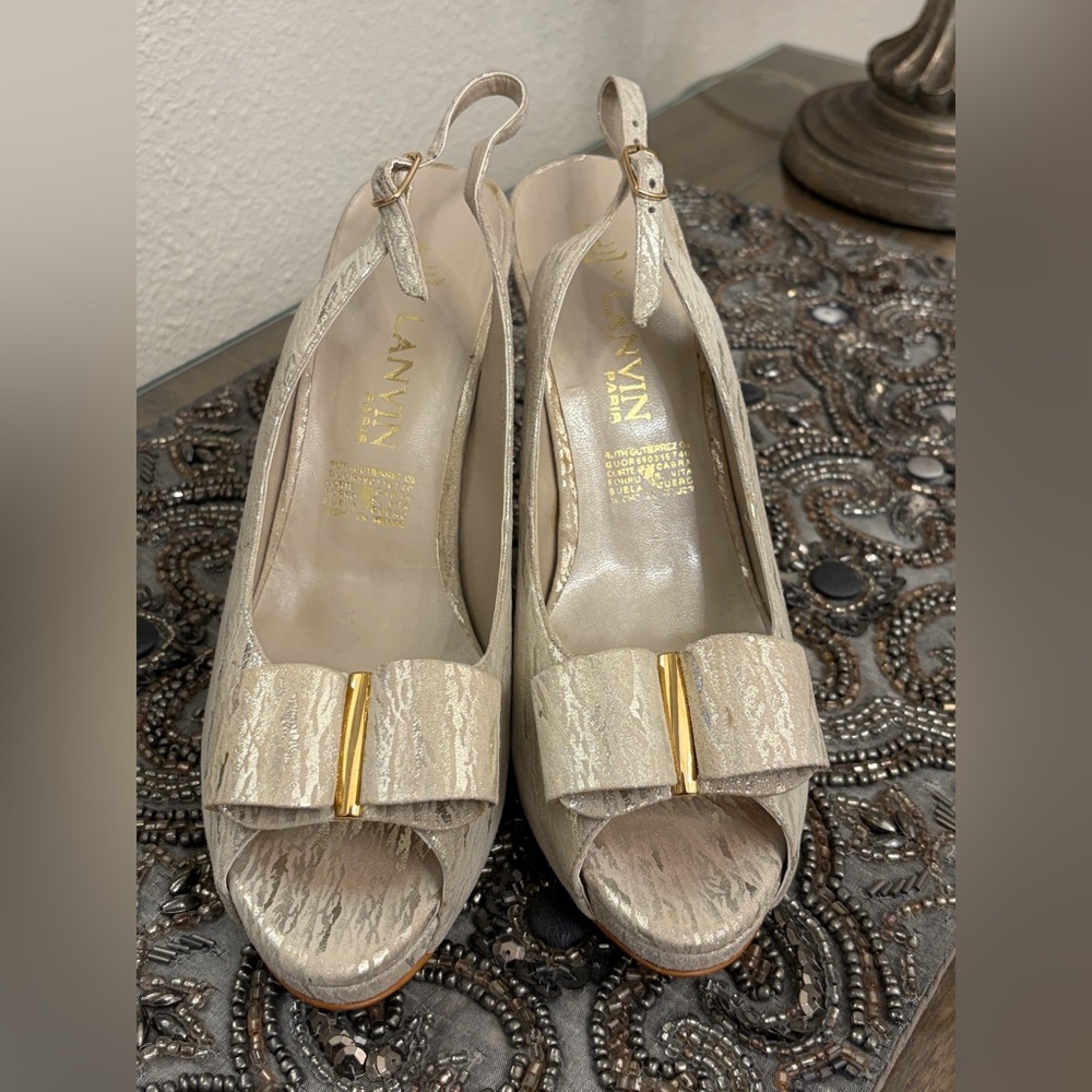 Lanvin Paris Heels Bow Slingback Gold, Champagne,Rutenium Size 26.5 (USA 9.5)